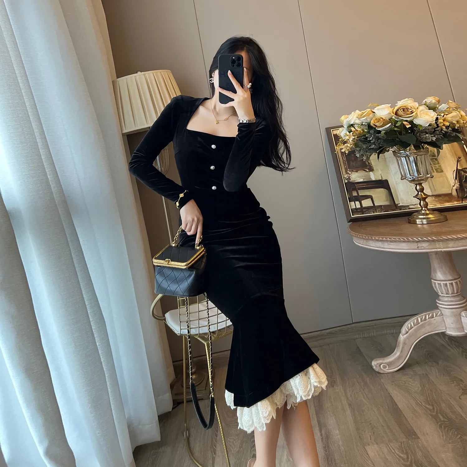 Elegant French Haban Style Fish Tail Skirt Spring Autumn Soft High Class Square Collar Long Sleeve Black Velvet Long Dress - Seprincess