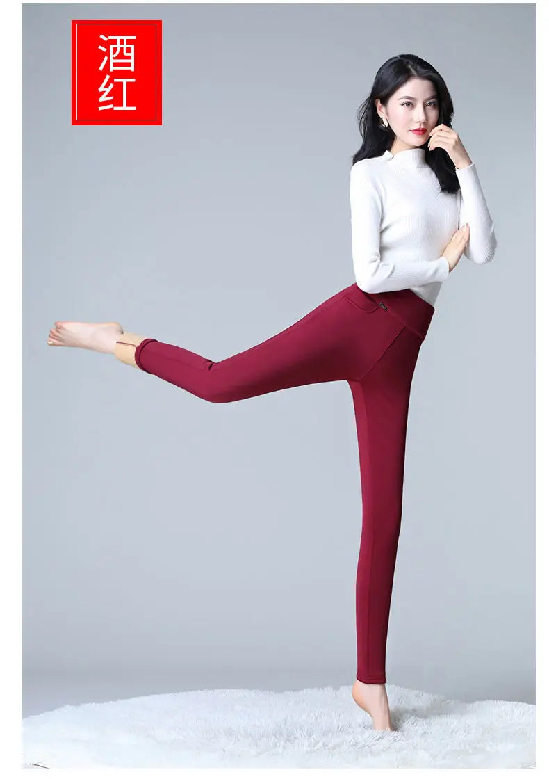 Super Warm Winter Pencil Pants Women Big Size 6xl Thicken Fleece Lined Slim Pantalones High Waist Office Lambwool Fluff Leggings