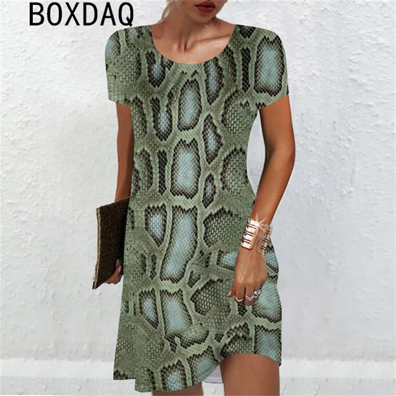 3D Sexy Snake Print Mini Dress Big Size Women Sexy Short Sleeve O-Neck Loose Dress Summer Beach Party Dress Sundress Vestidos - Seprincess