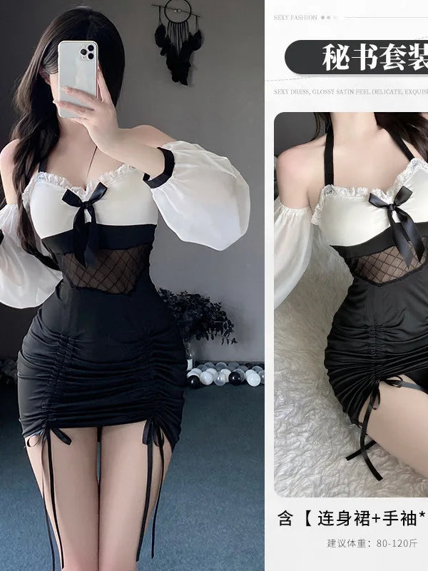 Sexy Female Secretary Chest Wrapping Drawstring Perspective Gauze Black White Splicing Puff Sleeve Bag Buttocks Dress Elegant NT - Seprincess