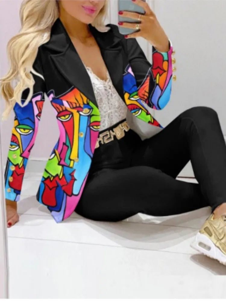 Autumn Winter New Printed Suit Long Sleeve For Women's Suit Fashion Color Matching Slim Elegant Female Office 2 Piece Set 2023