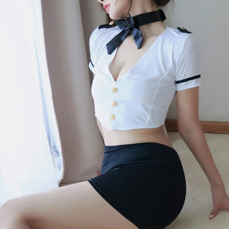 Hot Sexy Erotic lingerie Flight attendant deep V ultra short skirt passion Babydoll sexy outfits lingerie sexy woman clogs xxx - Seprincess