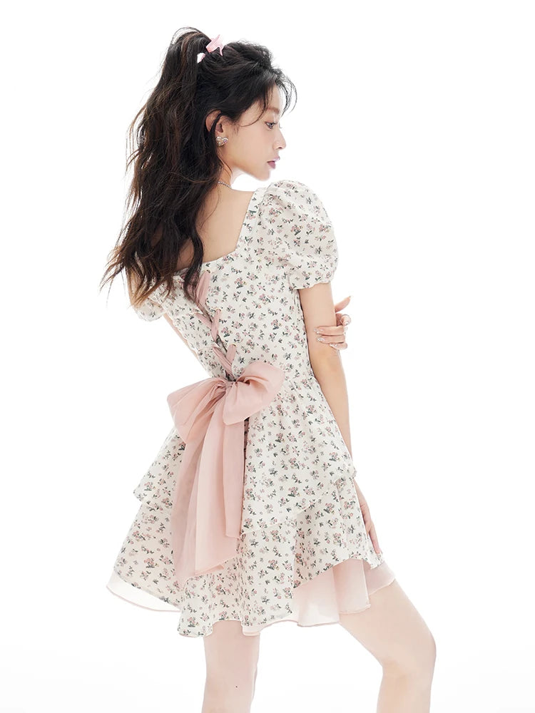 Korean Sweet Dress Women France Vintage Elegant Party Mini Dresses Female Print Casual Fairy Dress Summer - Seprincess