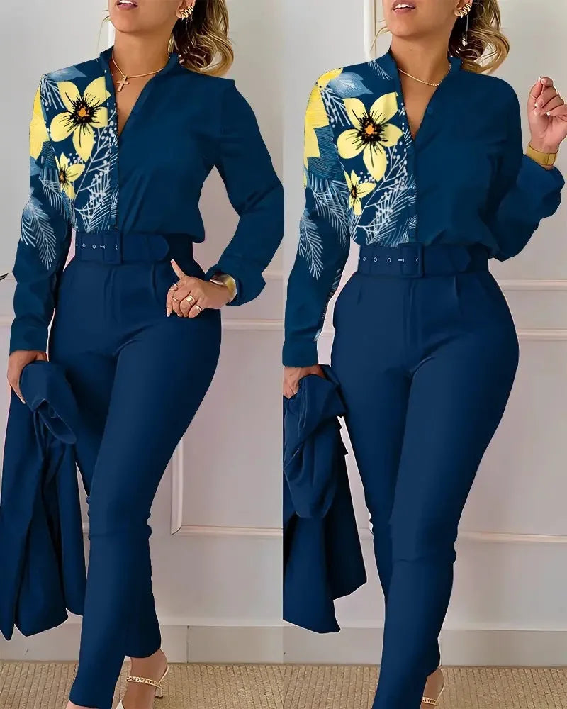 Elegant Women Printed Two Piece Suit Sets Spring Autumn V Neck Long Sleeve Shirt Top & Long Pants Set With Belt Workwear Outfits