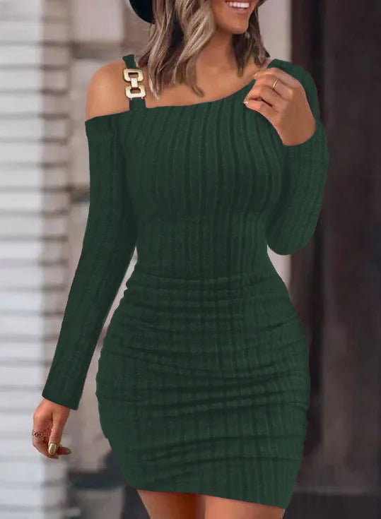 Sexy Chain Off Shoulder Mini Dress Women Autumn Fashion Bodycon Long Sleeve Dresses For Women Winter Skinny Knitted Vestidaos - Seprincess