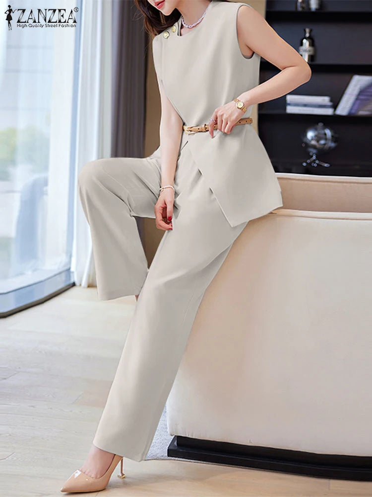 ZANZEA Women Two Piece Sets Fashion Sleeveless Tank Tops And Pants Suit Elegant Office Lady Summer Set Casual Loose Suits Outfit - Seprincess