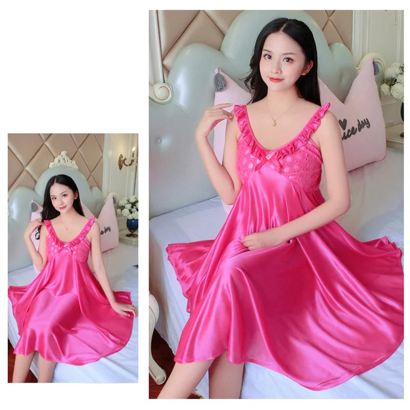 Thin Silk Lady Charming Sleepwear Night Dress Women Sexy Soft Lingerie Spaghetti Strap Home Wear Honeymoon Bride Wedding Nighty - Seprincess