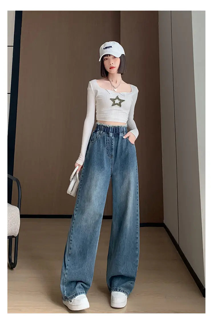 Large Size Denim Trousers Women Trailing Straight Wide Leg Loose High Waisted Slim Lace Tassel Higher Pants