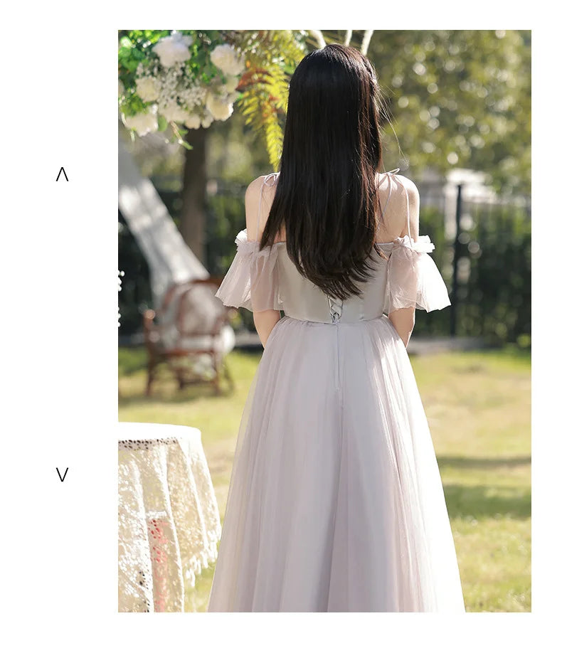 Temperament Grey Bridesmaid Dress Long Wedding Sisters Group Gown Elegant Applique Tulle Off Shoulder Banquet Party Vestido - Seprincess