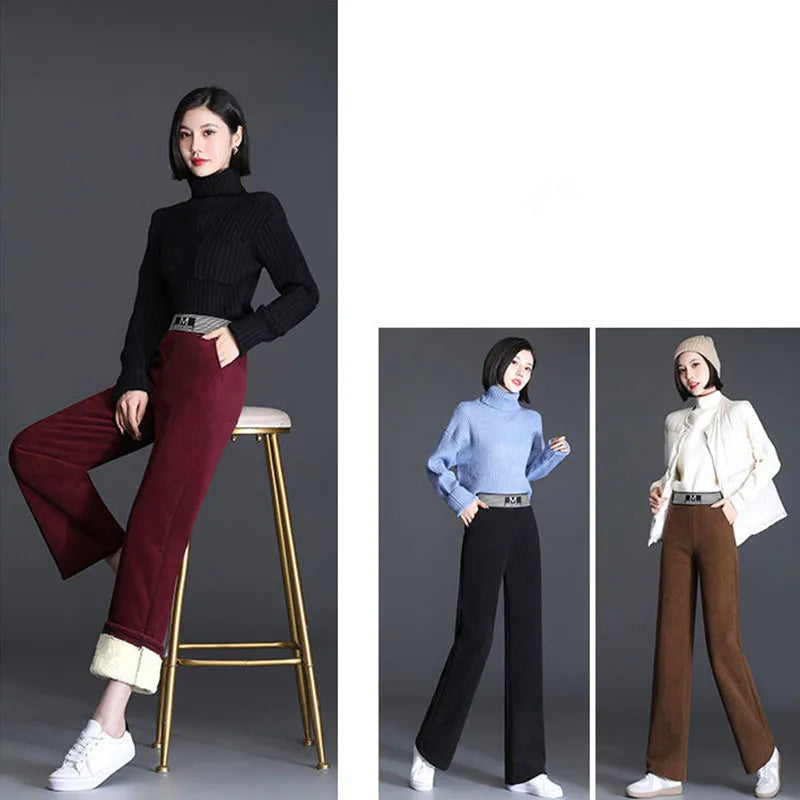 Autumn High Waist Women Corduroy Trousers Winter Thick Warm Wide Leg Pants Loose Fashion Streetwear Solid Straight Pants New