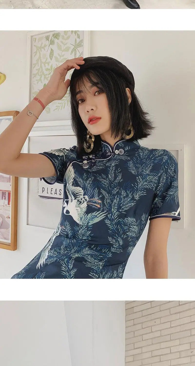 New Daily Improvement Cheongsam Dress 2024 Summer Short Sleeved Chinese Style Retro Young Style A-line Crane Print Dress Qipao - Seprincess