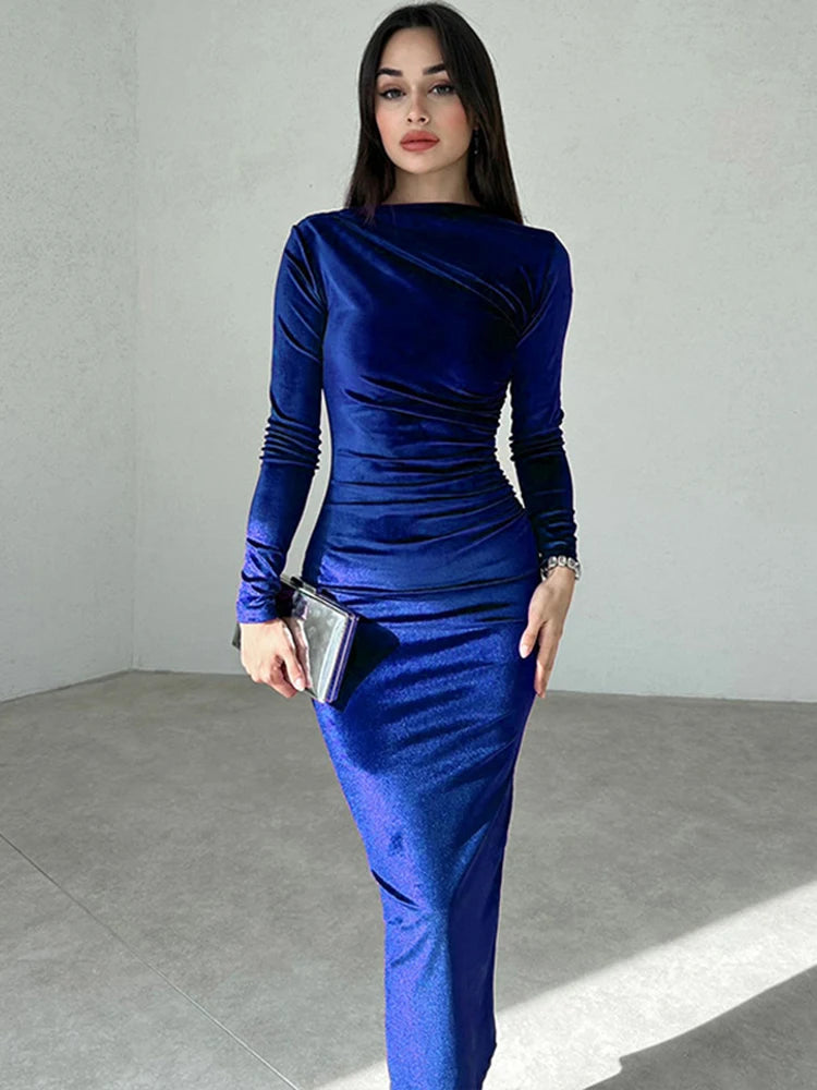 Dulzura 2024 Spring Summer Velvet Long Sleeve Midi Dress For Women Ruched Long Dress Elegant Party Clothes Evening Green Outfits - Seprincess