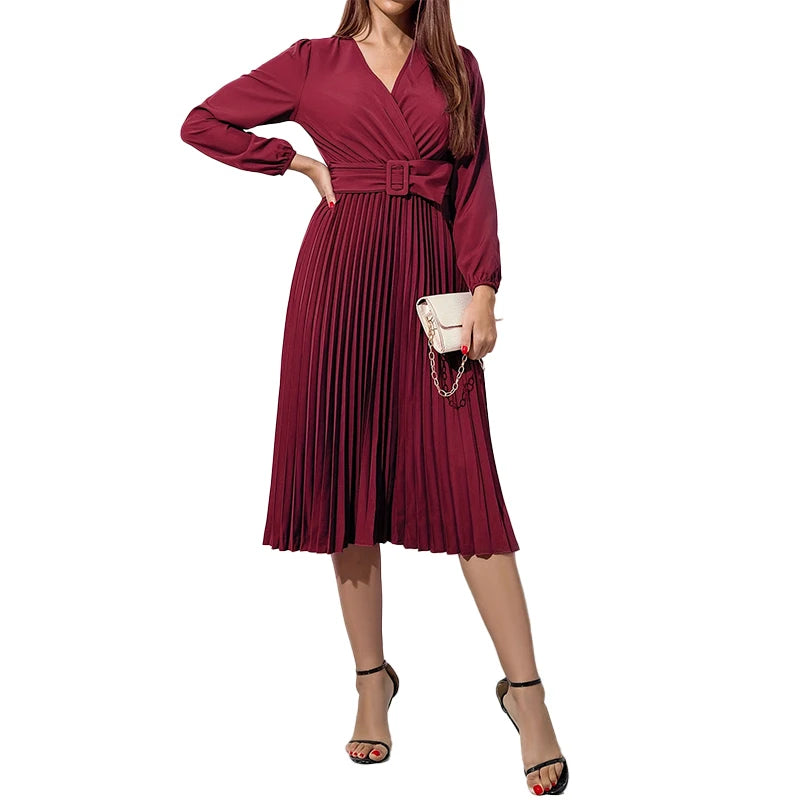 Women's solid color dress dark green V-neck casual slim pleated knee skirt new long sleeve summer and autumn standard code elega - Seprincess