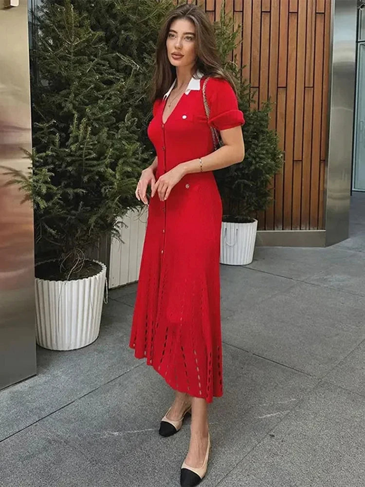 V-Neck Bubble Sleeved Knitted Beach Dresses Waist Cinched Hollowed Out Slimming Red Long Dress Single Breasted Button Women Robe - Seprincess