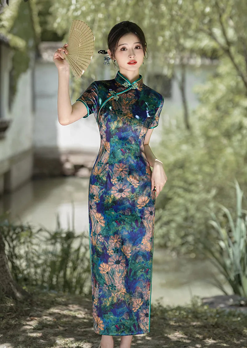 2024 Summer Autumn New Cheongsams Blue Flower Print Qipao Oriental Vintage Classical Vestidos Women's Satin Qipao Chinese Dress - Seprincess