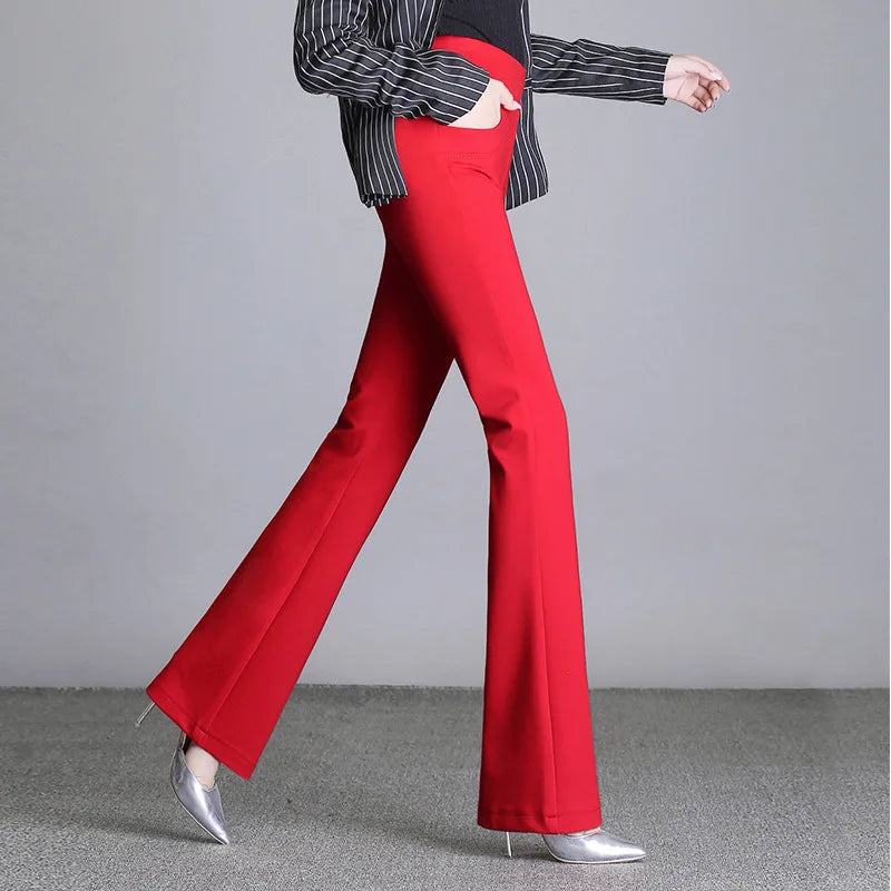 New Women's Autumn Spring Tight Flare Pants Red High Waist  Blue Elastic Band Trousers Fashion Casual Stretch Pants 6XL