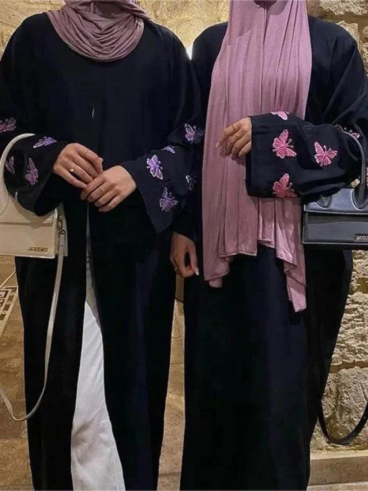 Eid Muslim Abayas for Women Butterfly Embroidery Zipper Up Cardigan Party Abaya Caftan Ramadan Dubai Arab Long Robe 2024 Dress - Seprincess