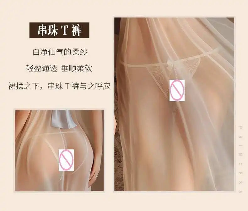 New Design Women's Sexy Spaghetti Strap Transparent Lingerie Dress Lady Honeymoon Fliter Long Sleepdress Goodness Nightgown - Seprincess