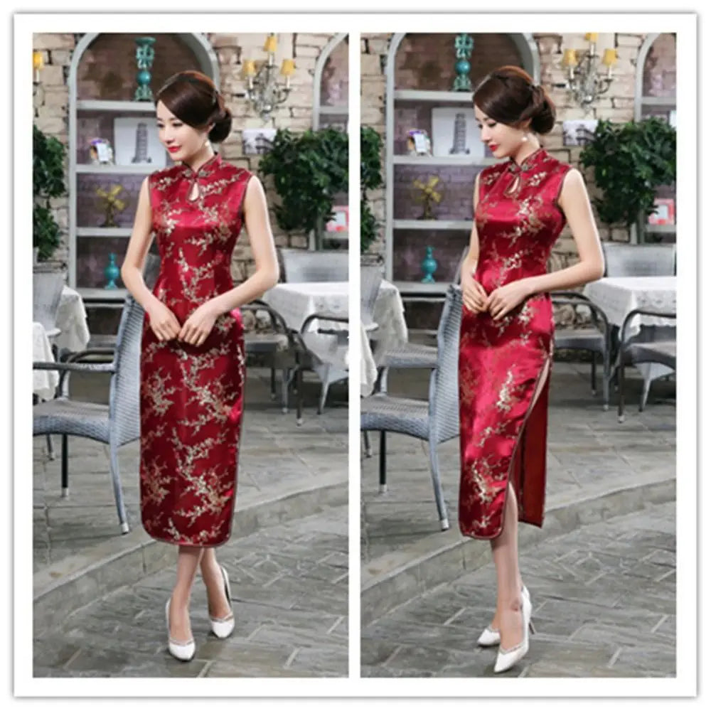 Floral Print Cheongsam Dresses Mandarin Collar Vintage Bodycon Dresses Maxi Chinese Style Chinese Qipao Evening Dress - Seprincess