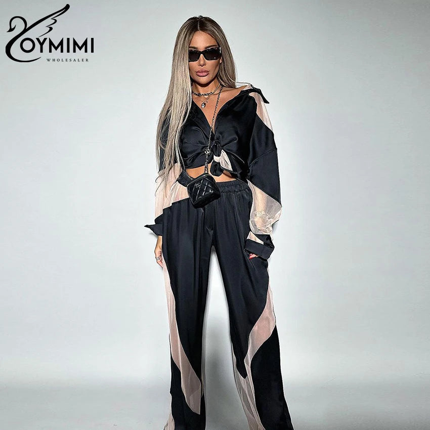 Oymimi Fashion Black Satin Patchwork 2 Piece Set Women Outfit Streetwear Long Sleeve Shirt With High Waist Pant Sets Y2k Clothes - Seprincess