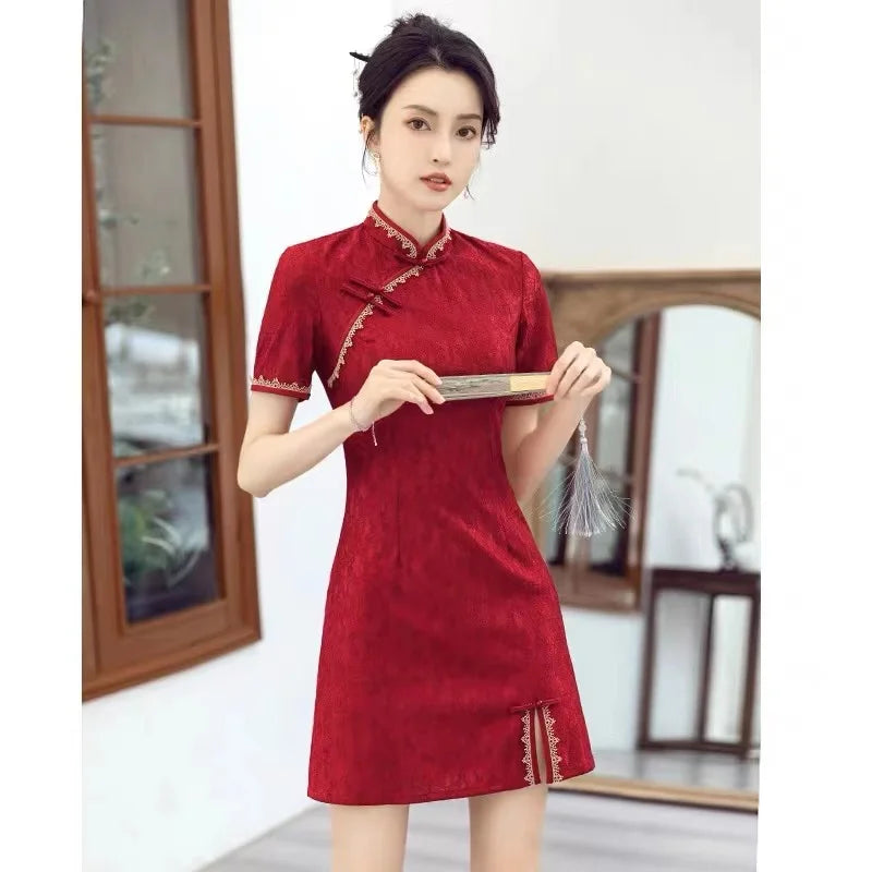 Traditional Chinese Clothing Red Cheongsam Summer New Modern Improved Young Short Qipao Dress New Year CNY - Seprincess