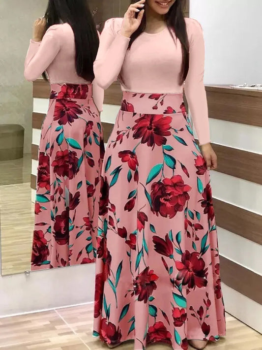 Autumn hot selling European and American flower color matching dresses, long dresses, women's clothing in stock - Seprincess