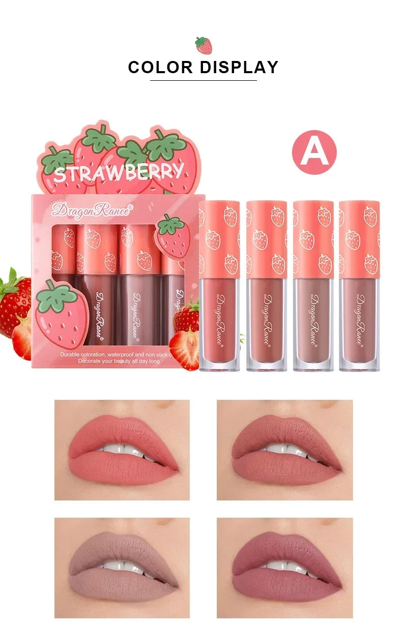 4pcs/set Matte Fruit Lip Glaze Long Lasting Liquid Lipsticks Mini Matte Lip Glaze Set Non-Fade Non-Stick Waterproof Lipsticks - Seprincess