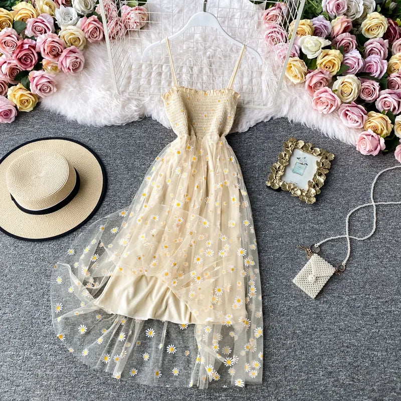 Women daisy Print Dresses Summer Sexy Lace Mesh Dress Spaghetti Strap Ruched Floral Vestidos Korean Style Long Dress - Seprincess