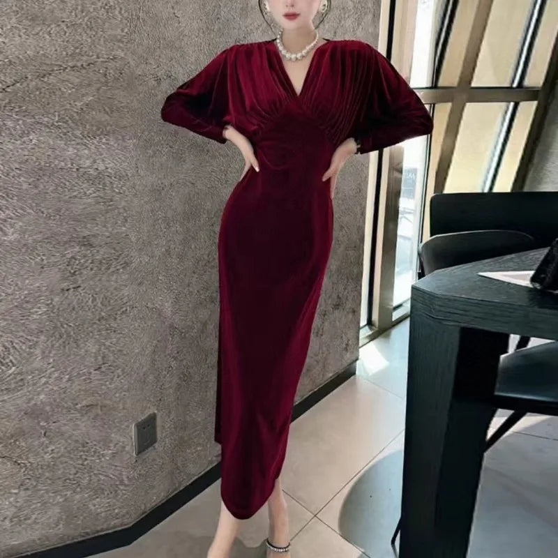 Women Vintage Gold Velvet Ruched Bodycon Elegant Evening Party Dresses Sexy V Neck Split High Waist Long Sleeve Maxi Dress Robe - Seprincess