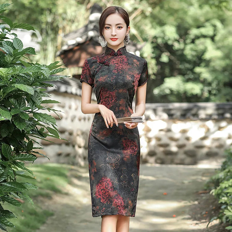 Elegant Print Female Qipao Traditional Classic Chinese Dress Asian Clothing Sexy Slim Short Cheongsam Mandarin Collar Vestidos - Seprincess