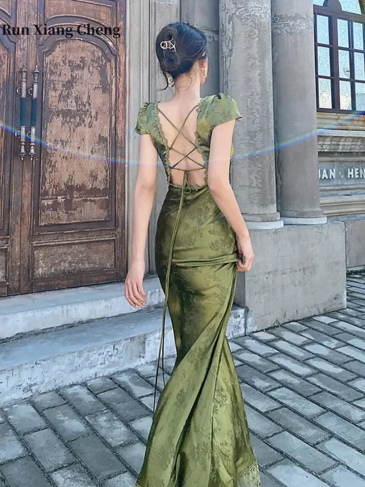 2024 Elegant Women's V-Neck Backless Satin Jacquard Long Dress Chic Turquoise Green Slim Fit Sexy Evening Gown for Party Events - Seprincess