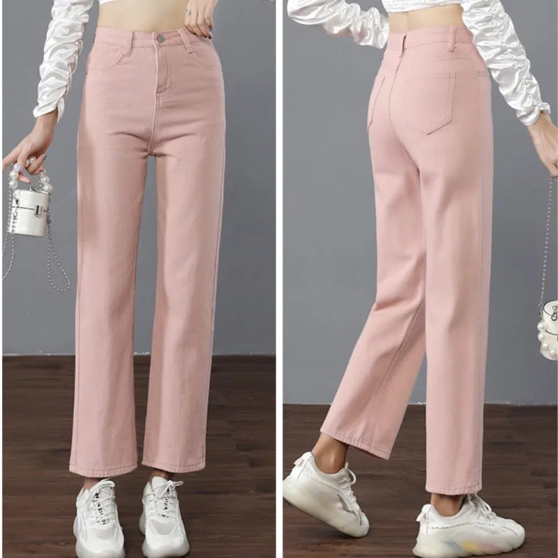 High Quality Korean Denim Jeans Women Straight Pants High Waist Thin White Pink Grey Green Trousers Ladies