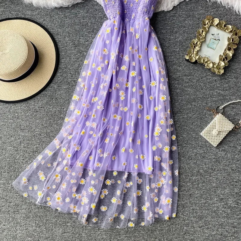 Women daisy Print Dresses Summer Sexy Lace Mesh Dress Spaghetti Strap Ruched Floral Vestidos Korean Style Long Dress - Seprincess