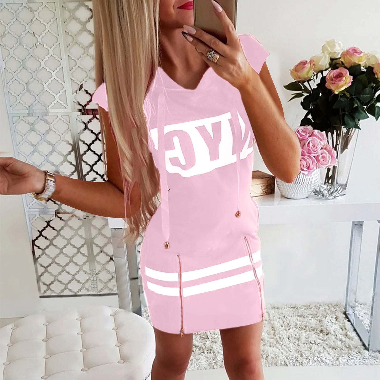 2022 Hooded Women Summer Dress Short Sleeve Letter Print Zipper Bandage Hoodies Lady Casual Sport Bodycon Vestidos Mini Dresses - Seprincess