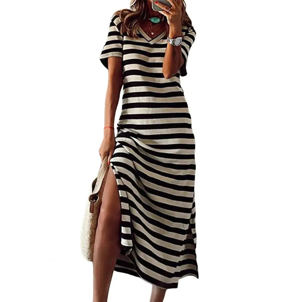 Summer Dresses 2023 Woman Plus Size Dresses For Women Casual Stripe Print V-neck Short Sleeve Loose Long Dress Robe Femme - Seprincess