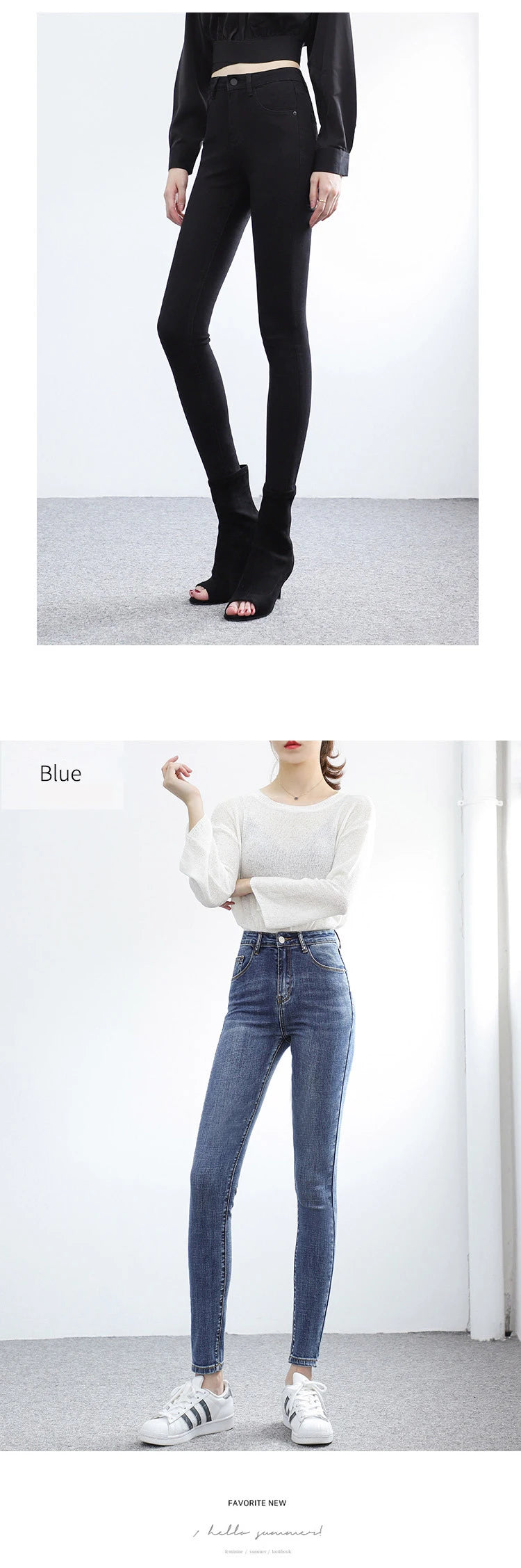 34 36 38 40 Women's Skinny Elastic Jeans Korean Fashion Slim Pencil Pants Female Spring Casual Ankle Length Black Blue Grey