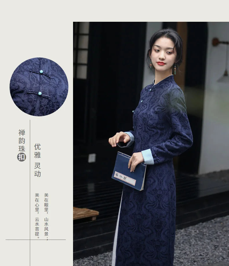 2024 Autumn New Vietnam Aodai Chinese Styles Women Floral Printing Vintage Long Dress Qipao Chinese Elegant Cheongsam Dress - Seprincess