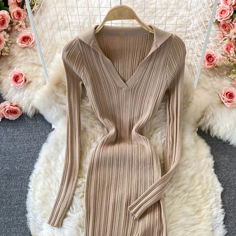 Women Korean Knitted Dress Long Sleeve V Neck Elastic Slim Pencil Dresses 2024 Autumn Sexy Bodycon Split Sweater Dress