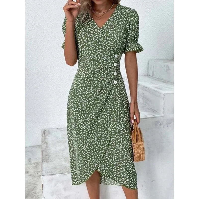 Spring Floral Bodycon Midi Dress For Women V Neck Long Sleeve Ruched Slim Fit Dresses Female Sexy Vestido Robe - Seprincess