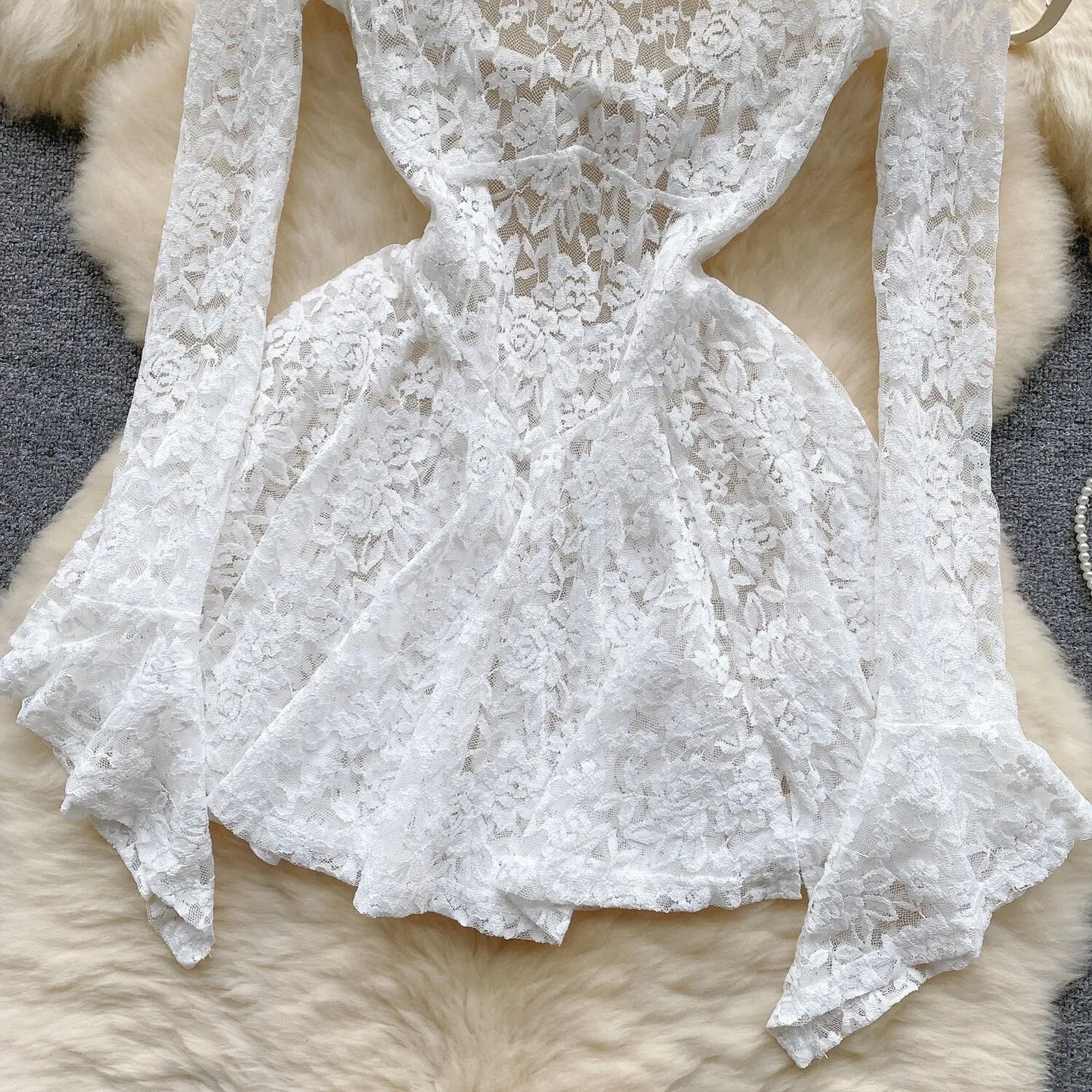 Women's Autumn Mesh Lace Hollow Out White Short Dress Women Micro Flare Sleeve See Through Translucent Sexy Girl's Mini Dress - Seprincess