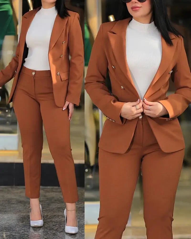 New 2023 Formal Office Pant Sets Women 2PCS Double Breasted Solid Blazers Jacket and Pants Two Pieces Set Female Pant Suits Sets - Seprincess