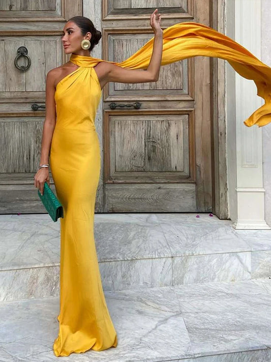 Elegant Satin Halter Slim Long Dress With Scarf Women New Sexy Backless Sleeveless Maxi Dresses Summer Lady Party Chic Vestidos - Seprincess