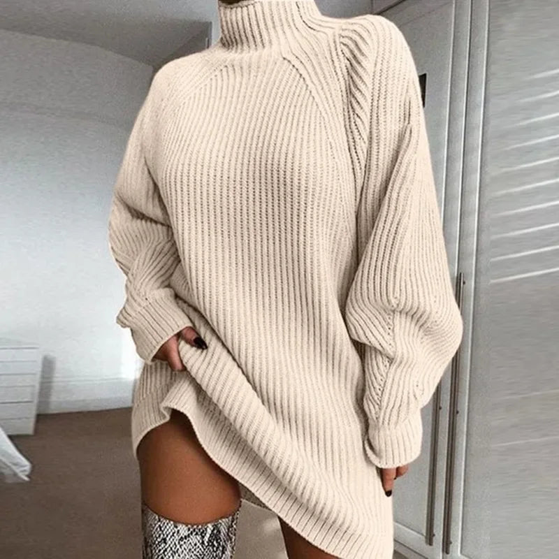 Women's Solid Color Loose Knitted Dress 2023 Autumn Winter New Dress Sweater Women Long Sleeve Turtleneck Pullover Dress Sweater - Seprincess