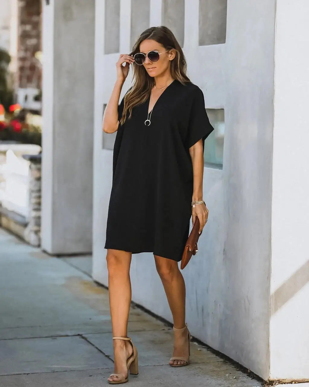 2024 Spring Chiffon Women Dress Black V-neck Short Sleeve Loose Dresses Female Summer New Casual Elegant Fashion Ladies Clothes - Seprincess