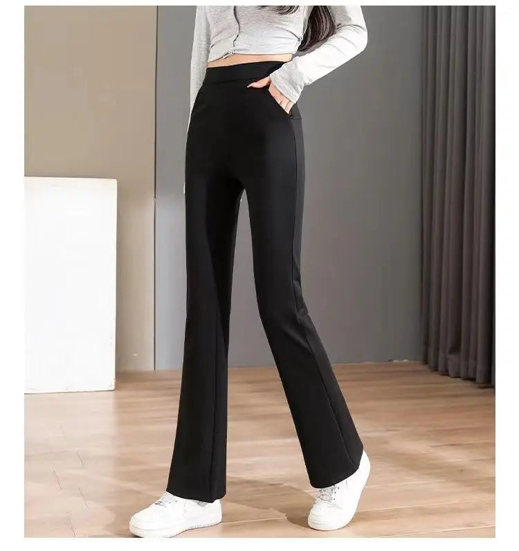 Black All-match Patchwork Pockets Classics Micro Flare Trousers Summer Thin Ventilate Elastic High Waist Women's Casual Pants