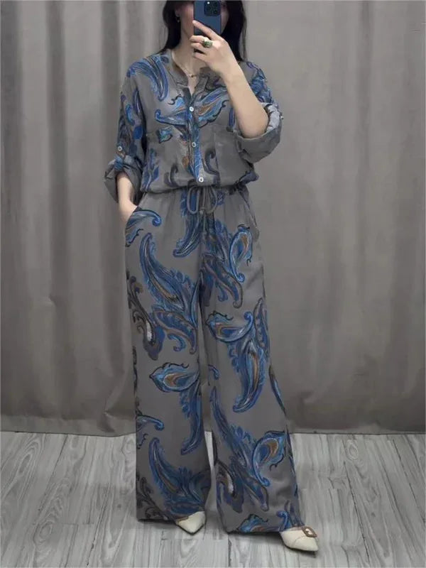 Women Vintage Print 2 piece sets 2024 Spring v-neck Long Sleeve Shirt Lace-up Wide Leg Pants Outfit New Summer Button 2pcs Suit - Seprincess