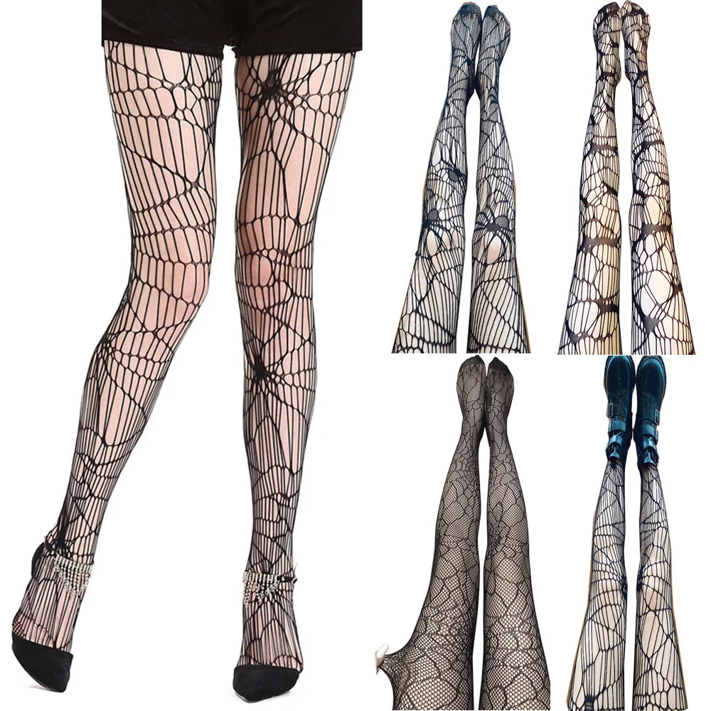 Hollow Out Mesh Tight Stockings Halloween Fishnet Sexy Pantyhose Skull Spider Web Patterned Nylon Stretchy Gothic Dark Pantyhose