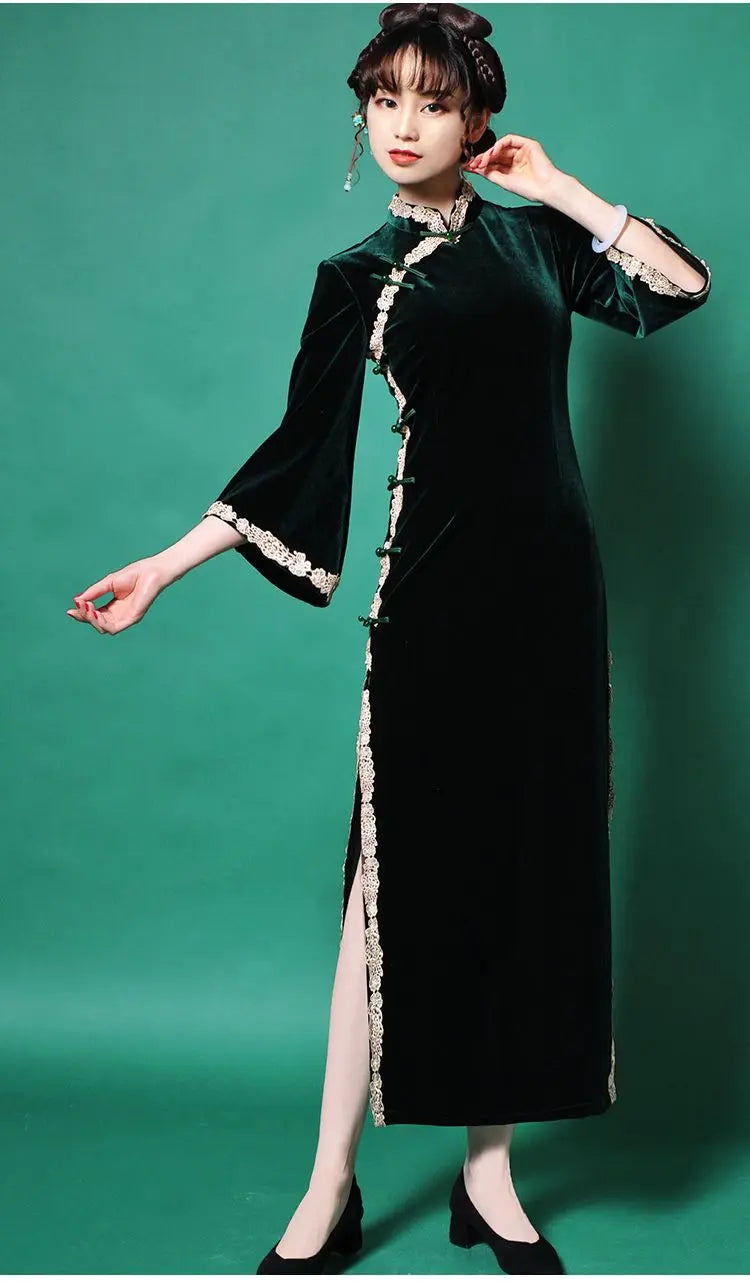 Cheongsam Chinese Traditional Dress Solud Color New Autumn Winter Long Temperament Flare Sleeve Velvet Improved Green Qipao 2024 - Seprincess