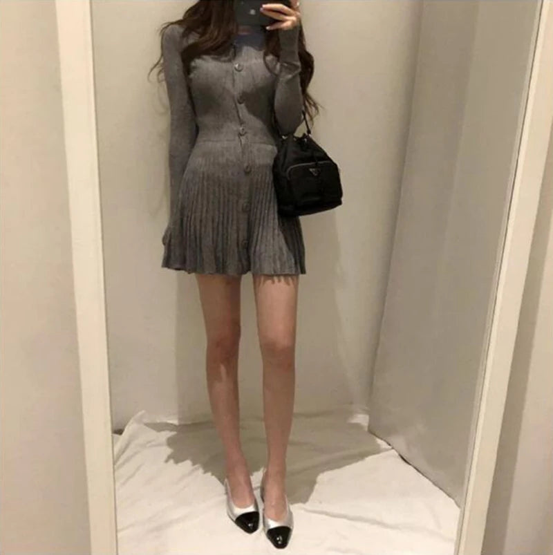 MEXZT Knitted Pleated Mini Dress Women Vintage Black Sweater Dresses Winter Korean Elegant Long Sleeve Pink Bodycon Vestidos New - Seprincess