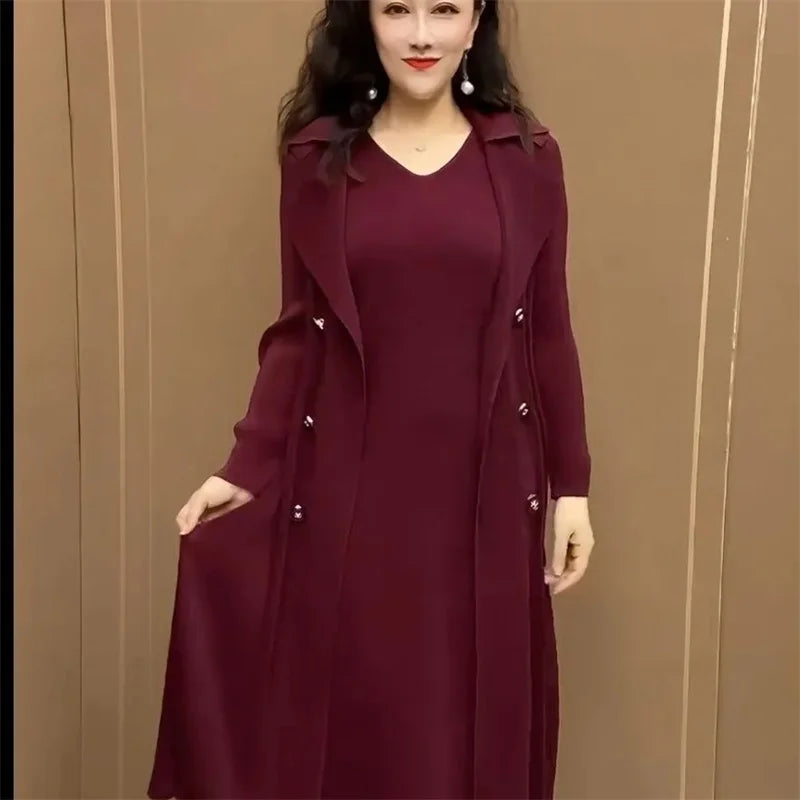 Spring Autumn Fashion Slim Pleated Suit Collar Fake Two Piece Windbreaker Coat Comfortable Waist Shrinking Elastic Dress Belt - Seprincess